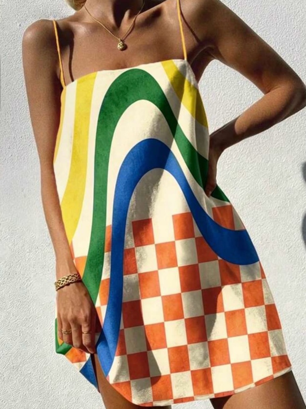 Sleeveless Multicolor Check & Wave Mini Dress